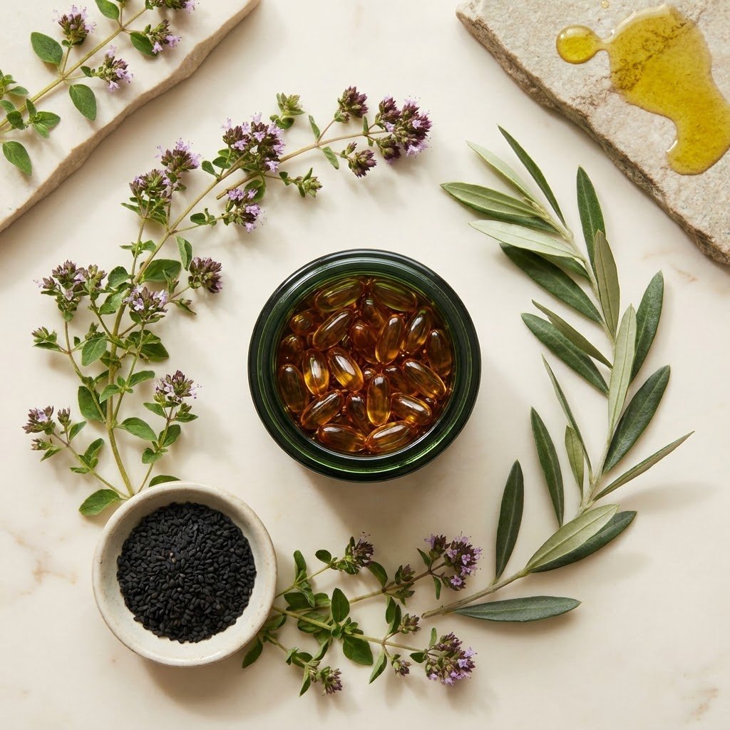 Aura Oregano ingredients flat-lay