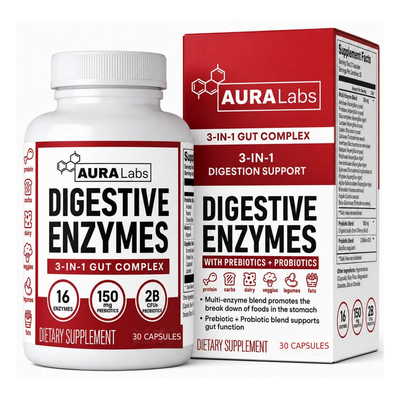 AuraLabs Digestive Enzymes 3-in-1 Gut Complex bottle and carton — 30 capsules