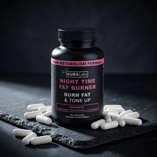Night Time Fat Burner bottle with white capsules