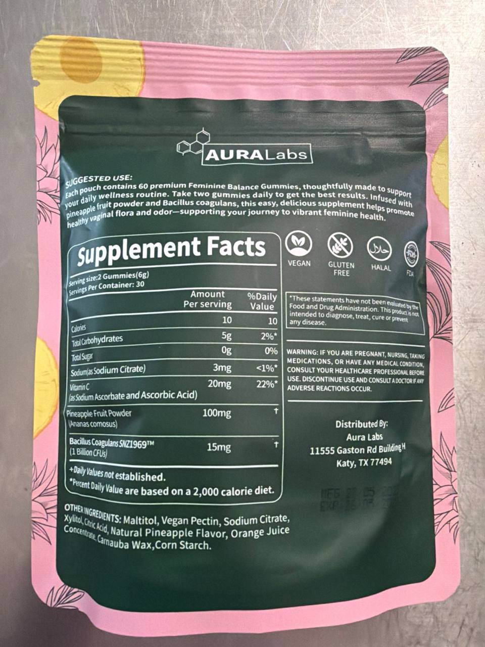 AURALabs Feminine Balance Gummies pouch back label