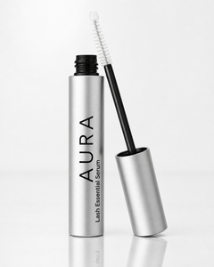 Aura Lash Essential Serum tube and brush close up