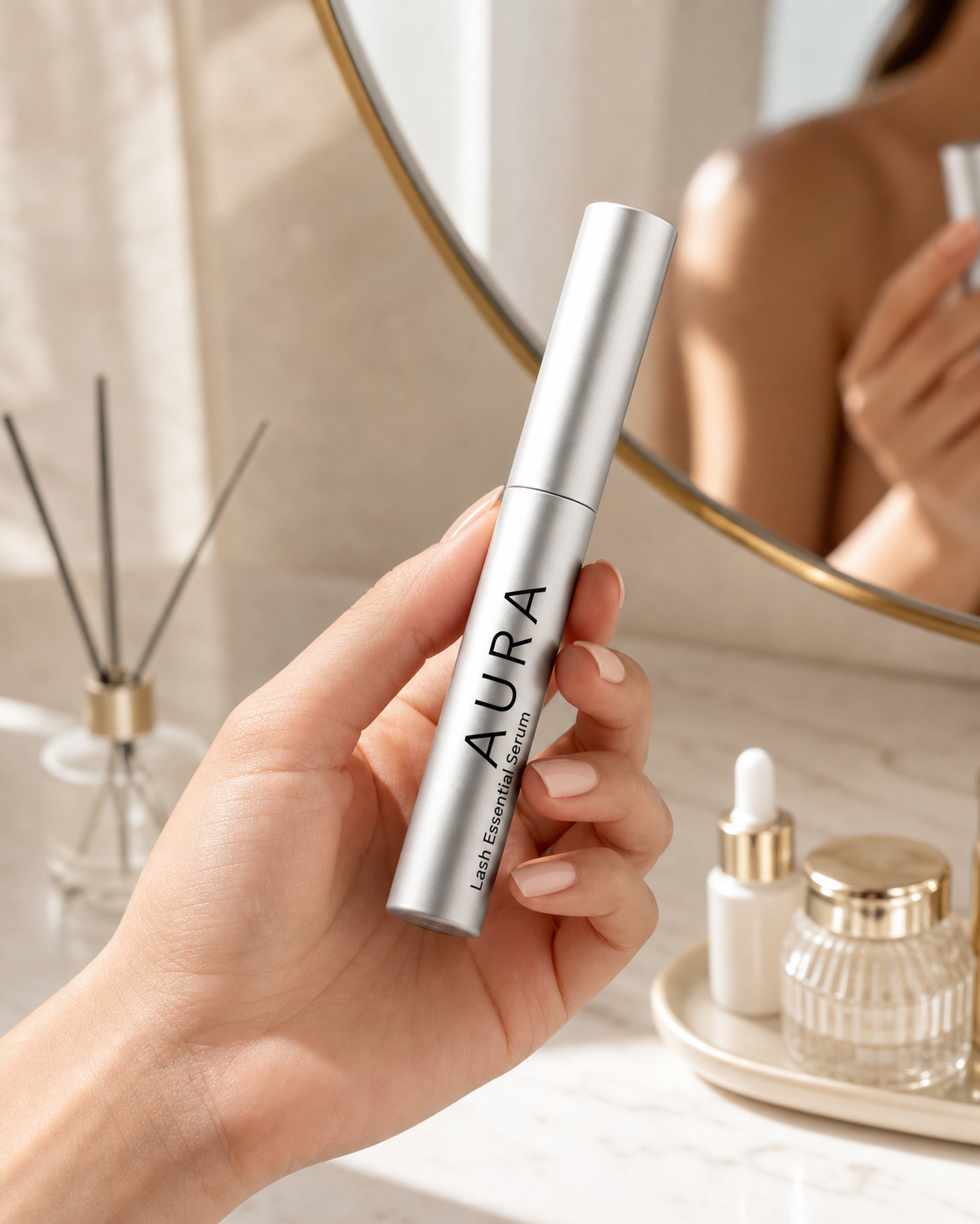 Woman holding the Aura Lash Essential Serum tube
