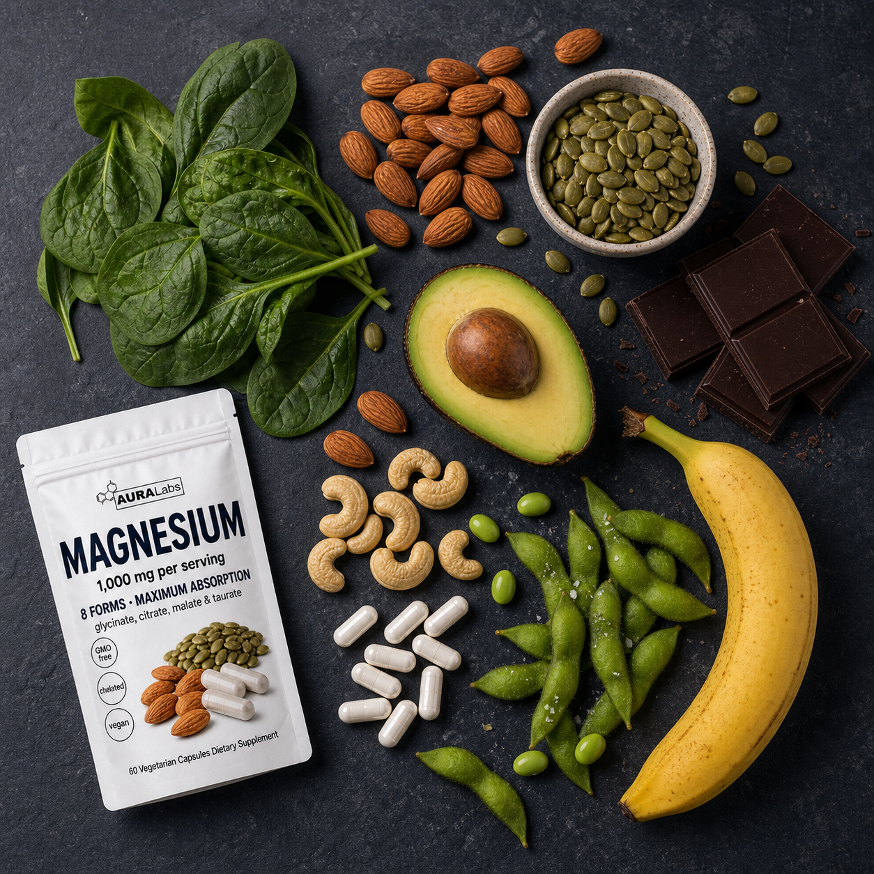 Magnesium-rich whole foods flatlay