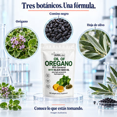 Tres botánicos en la fórmula: orégano, comino negro y hoja de olivo.