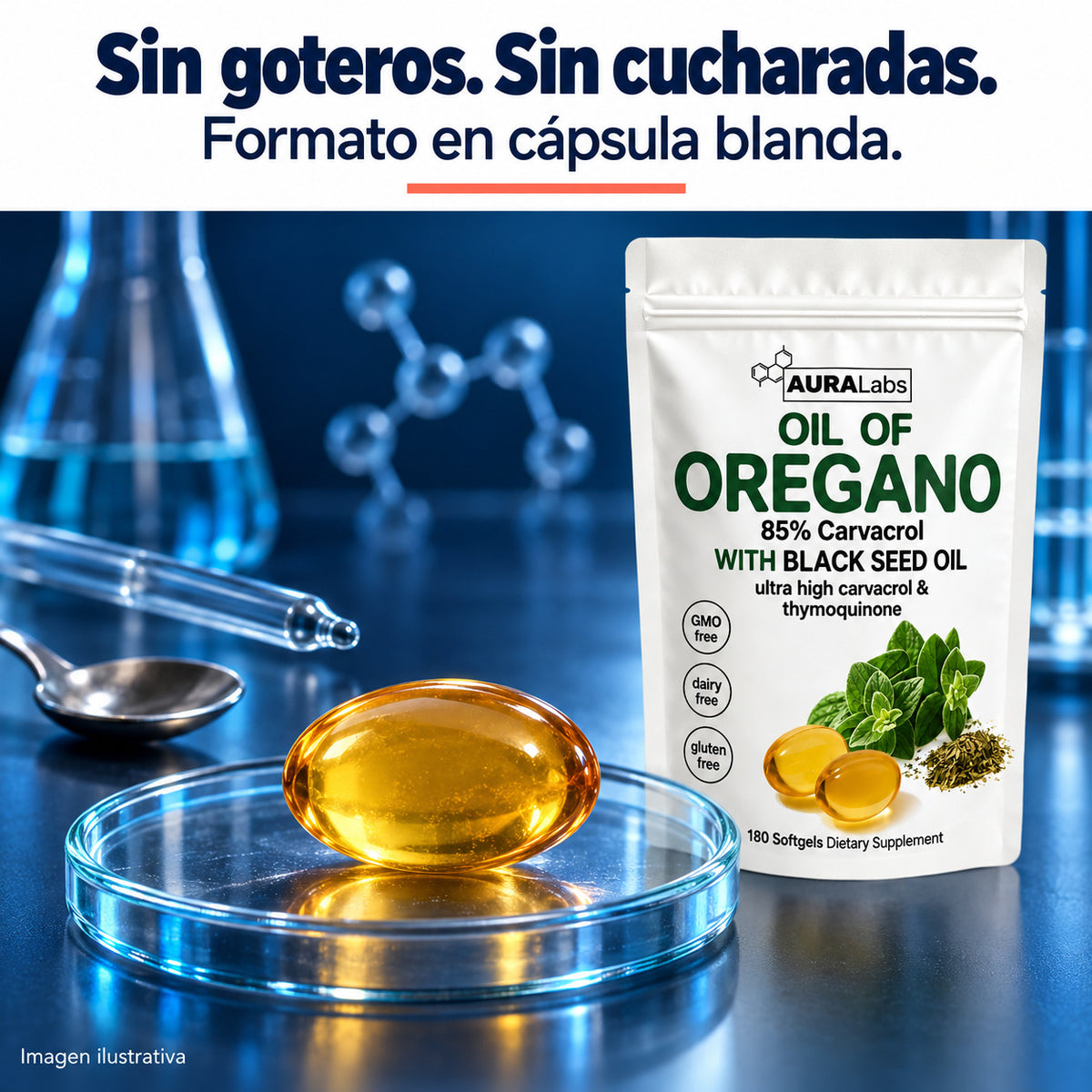Aceite de orégano AuraLabs en cápsula blanda: sin goteros ni cucharadas.