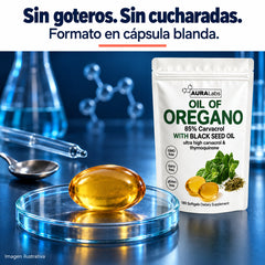 Aceite de orégano AuraLabs en cápsula blanda: sin goteros ni cucharadas.