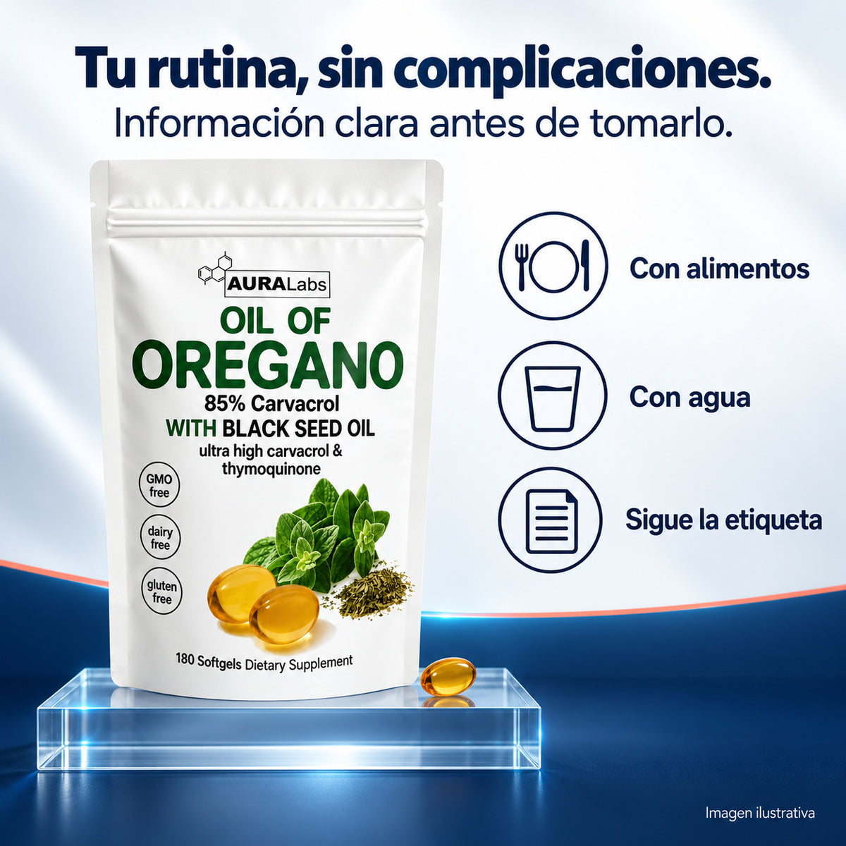 Rutina con AuraLabs: con alimentos, con agua y siguiendo la etiqueta.