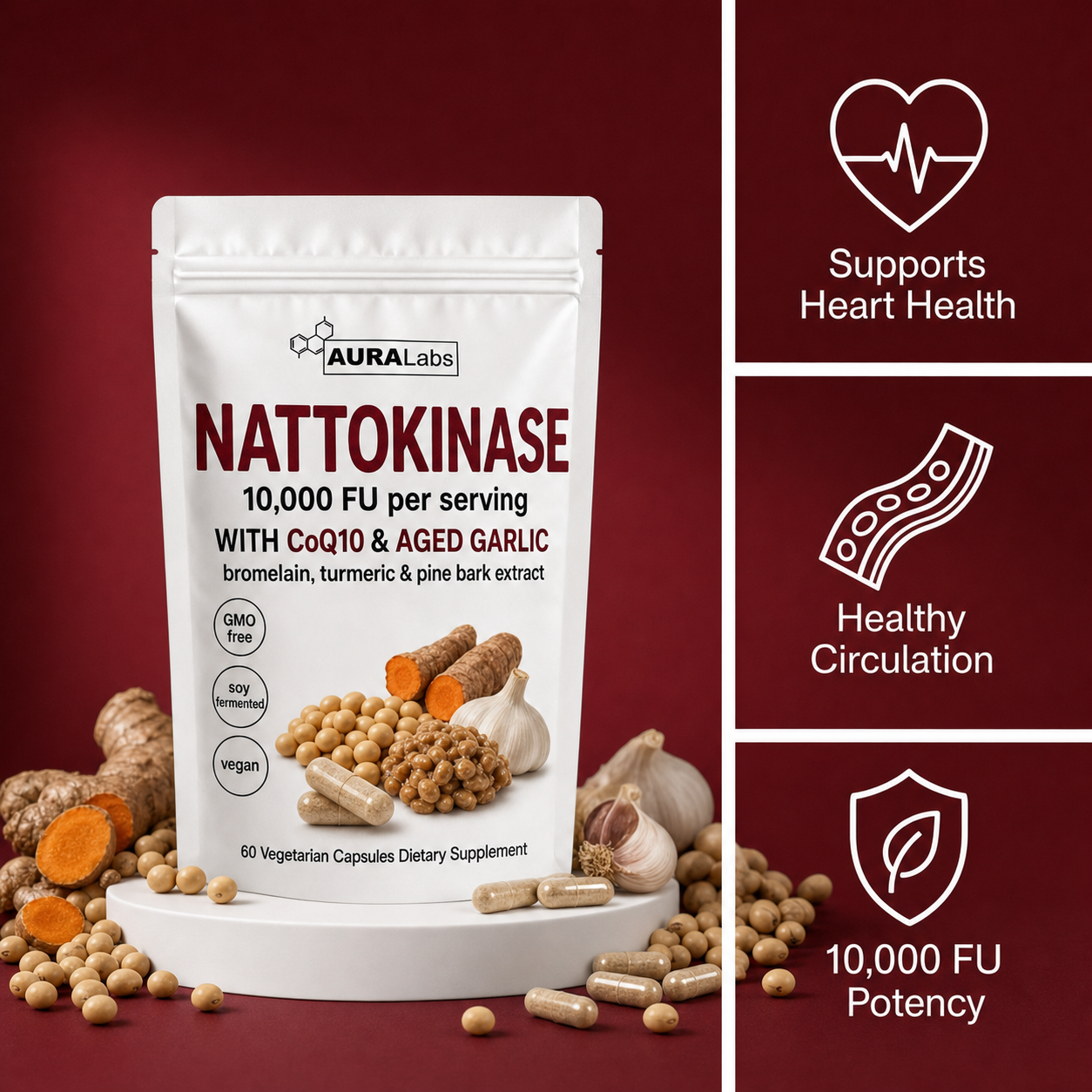 AURA Nattokinase 10,000 FU pouch with heart health benefit icons