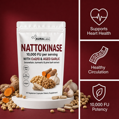 AURA Nattokinase 10,000 FU pouch with heart health benefit icons