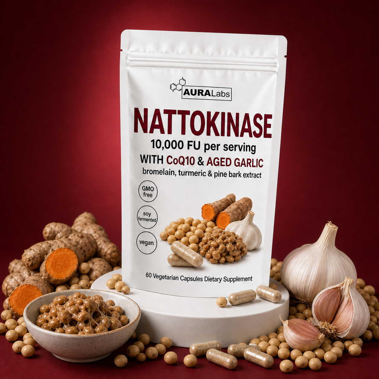 AURA Nattokinase pouch hero shot with natto, garlic and turmeric