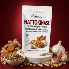 AURA Nattokinase pouch hero shot with natto, garlic and turmeric