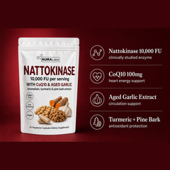 AURA Nattokinase ingredient breakdown: nattokinase, CoQ10, aged garlic, turmeric and pine bark